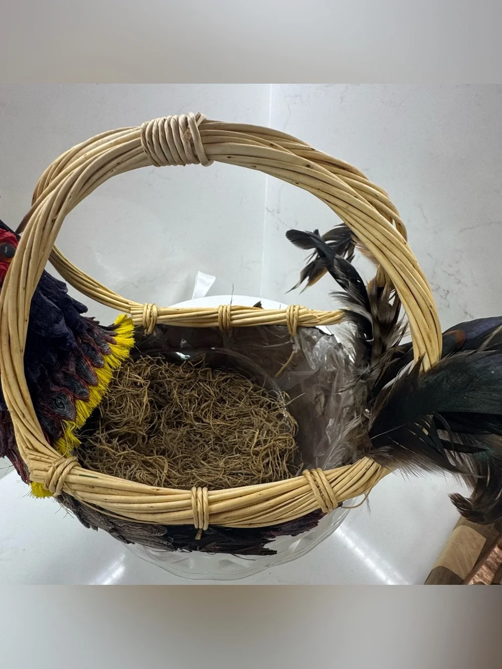 Vintage Handcrafted Rooster Wicker Basket Centerpiece Feather Country Farmhouse